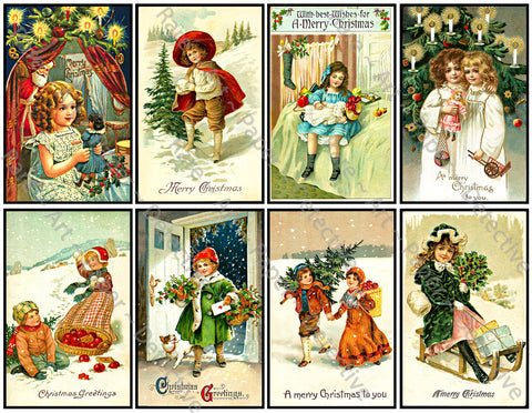 Vintage Christmas Stickers, 8 Pcs. Deluxe Set of Old Fashioned Postcard Journal Images, 4" x 2.5" each, 903