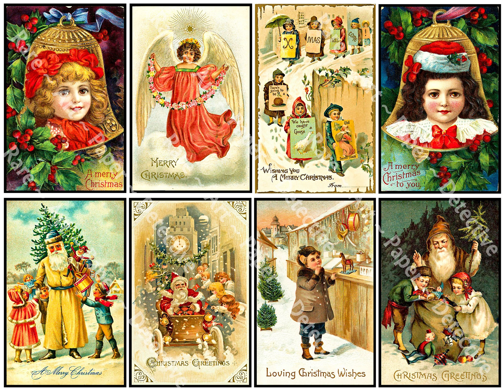 Vintage Christmas Stickers, 8 Pcs. Deluxe Set of Old Fashioned Postcard Journal Images, 4" x 2.5" each, 904