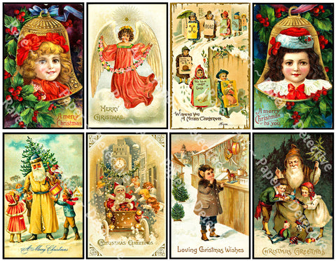 Vintage Christmas Stickers, 8 Pcs. Deluxe Set of Old Fashioned Postcard Journal Images, 4" x 2.5" each, 904