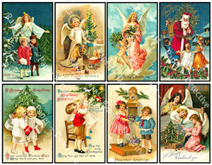Holiday Christmas Stickers, 8 Pcs. Deluxe Set of Old Fashioned Postcard Journal Images, 4" x 2.5" each, 905