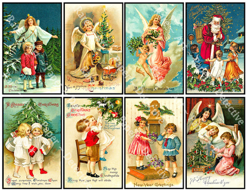 Holiday Christmas Stickers, 8 Pcs. Deluxe Set of Old Fashioned Postcard Journal Images, 4" x 2.5" each, 905