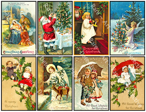 Holiday Christmas Stickers, 8 Pcs. Deluxe Set of Old Fashioned Postcard Journal Images, 4" x 2.5" each, 906