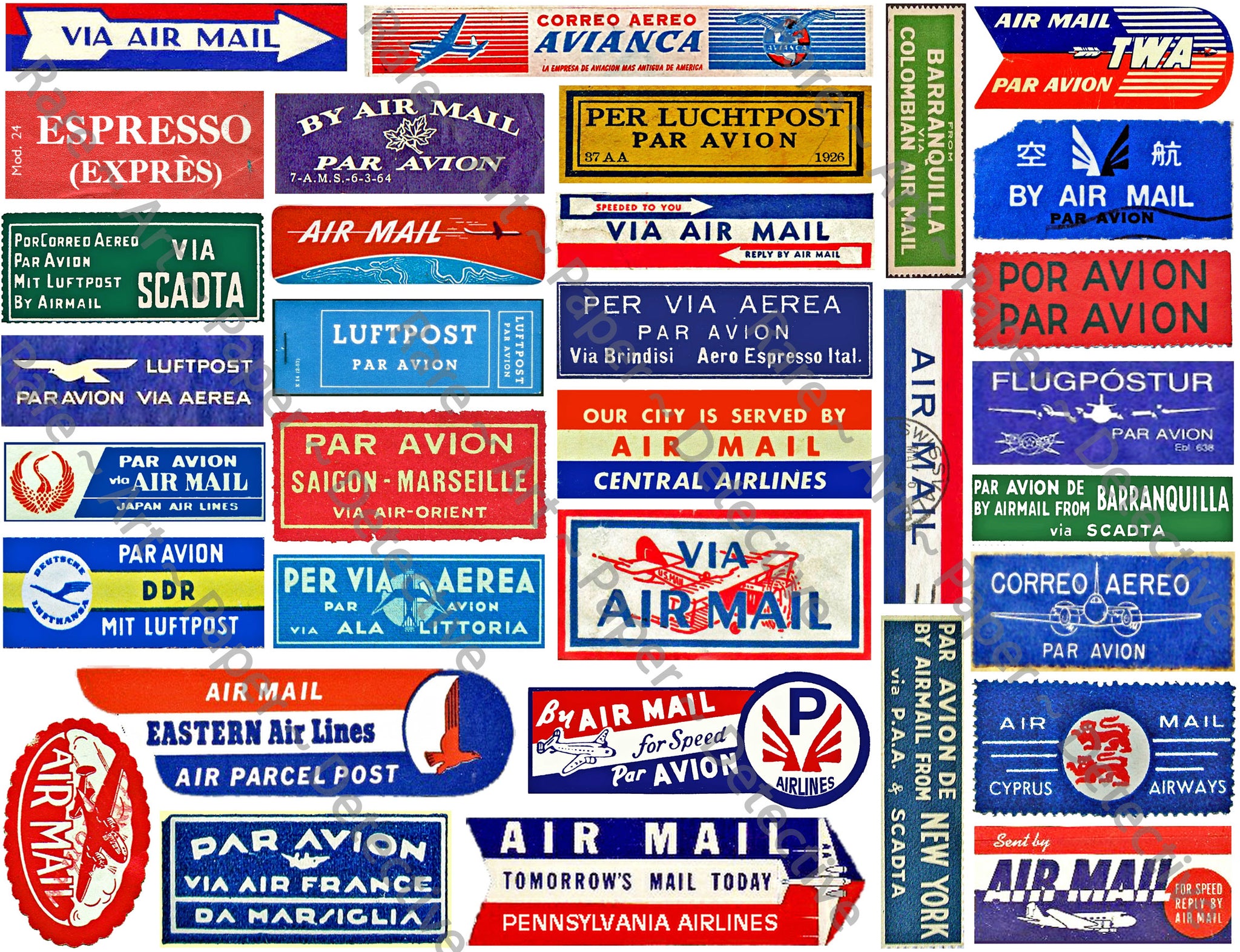 Airmail Label Sticker Sheet, 33 Authentic Travel, Stationary & Journal Stickers, Unique Gift Wrap Accents, 8.5" x 11" Sheet, #923