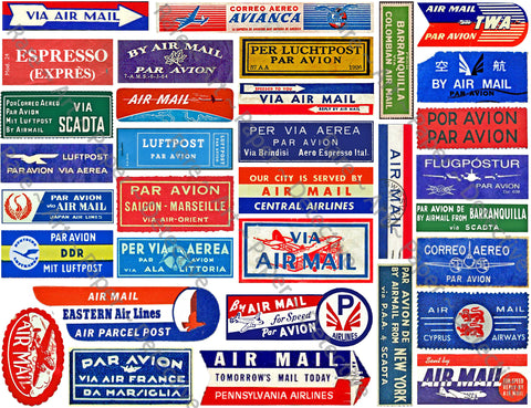Airmail Label Sticker Sheet, 33 Authentic Travel, Stationary & Journal Stickers, Unique Gift Wrap Accents, 8.5" x 11" Sheet, #923