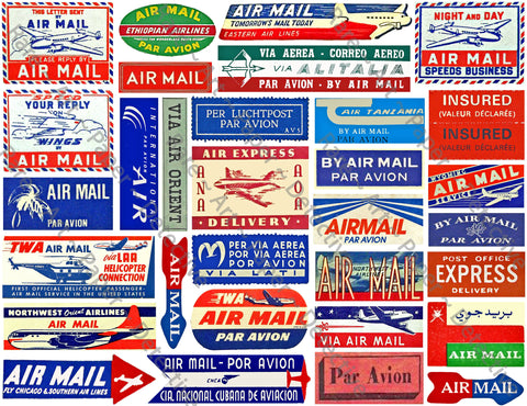 Airmail Label Sticker Sheet, 31 Authentic Travel, Stationary & Journal Stickers, Unique Gift Wrap Accents, 8.5" x 11" Sheet, #924