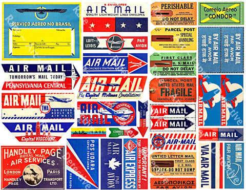 Airmail Label & Tags Sticker Sheet, 33 Authentic Travel, Stationary & Journal Stickers, Unique Gift Wrap Accents, 8.5" x 11" Sheet, #925