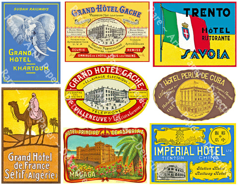 Hotel Luggage Label Sticker Sheet, 8 Authentic Travel Labels for Steam Trunks, Baggage & Suitcases, 8.5" x 11" Sheet, 941