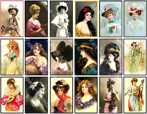 Antique Women Drawings, Victorian Fashion Portrait Sticker Tags for Journals & Collage #947