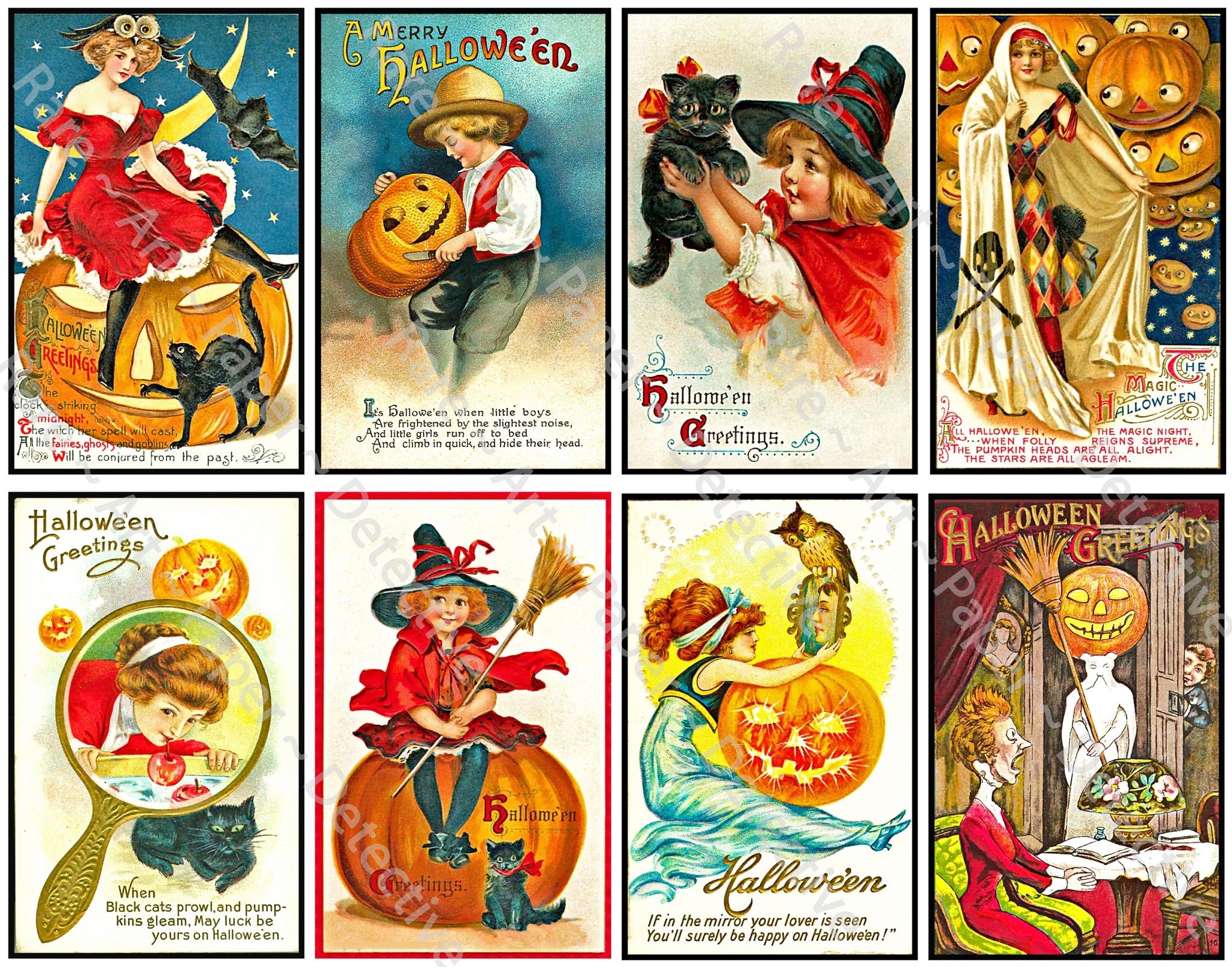 Halloween Stickers, Vintage Halloween Postcard Decals & Spooky Clip Art, Black Cats & Pumpkins, Halloween Party Novelty, 956