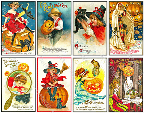 Halloween Stickers, Vintage Halloween Postcard Decals & Spooky Clip Art, Black Cats & Pumpkins, Halloween Party Novelty, 956