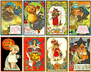 Halloween Stickers, Victorian Halloween Postcard Decals & Spooky Clip Art, Black Cats & Pumpkins, Halloween Party Novelty, 957