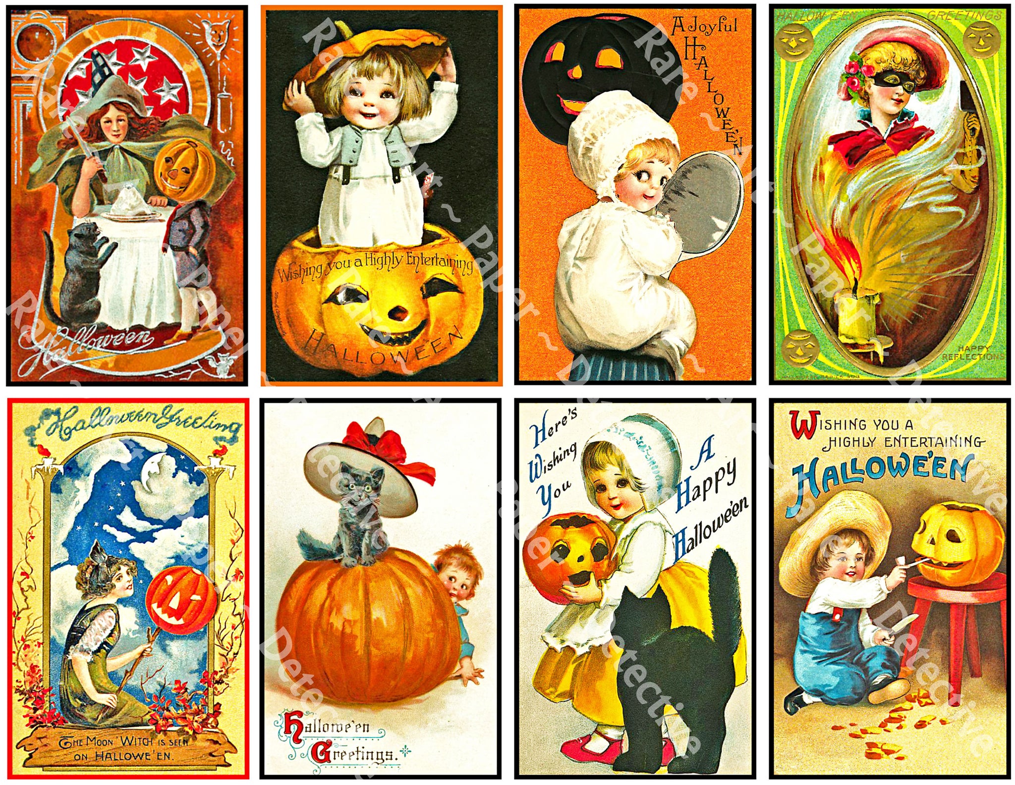 Halloween Stickers, Victorian Halloween Postcard Decals & Spooky Clip Art, Black Cats & Pumpkins, Halloween Party Novelty, 958