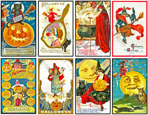 Victorian Era Halloween Stickers, Halloween Postcard Decals & Spooky Clip Art, Black Cats & Pumpkins, Halloween Party Novelty, 959