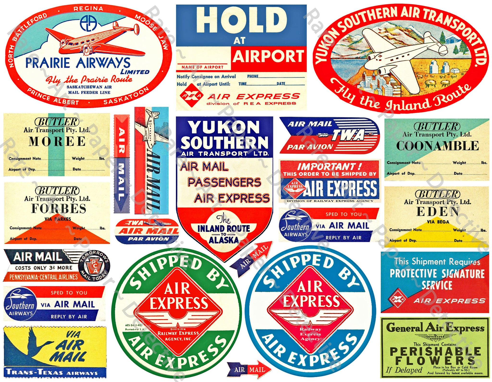 Airline Baggage Label & Airmail Stamp Sticker Sheet, 22 Authentic Travel, Stationery & Journal Stickers, 8.5" x 11" Sheet, #965