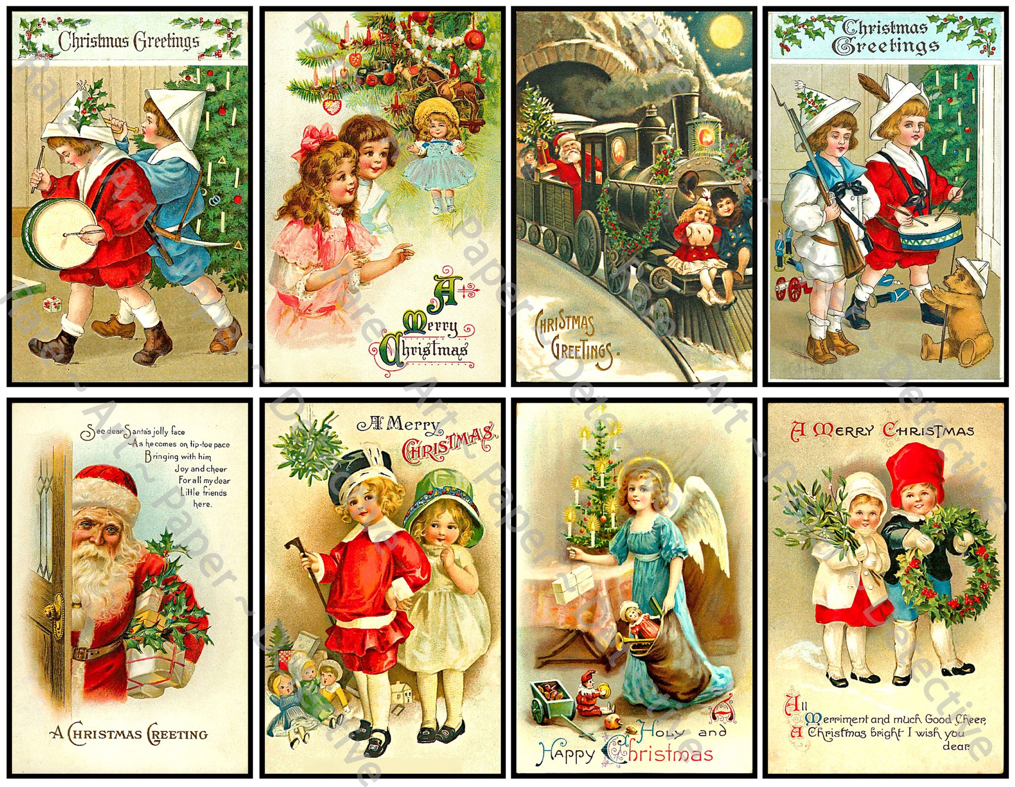Holiday Christmas Stickers, 8 Pcs. Deluxe Set of Old Fashioned Postcard Journal Images, 4" x 2.5" each, 966
