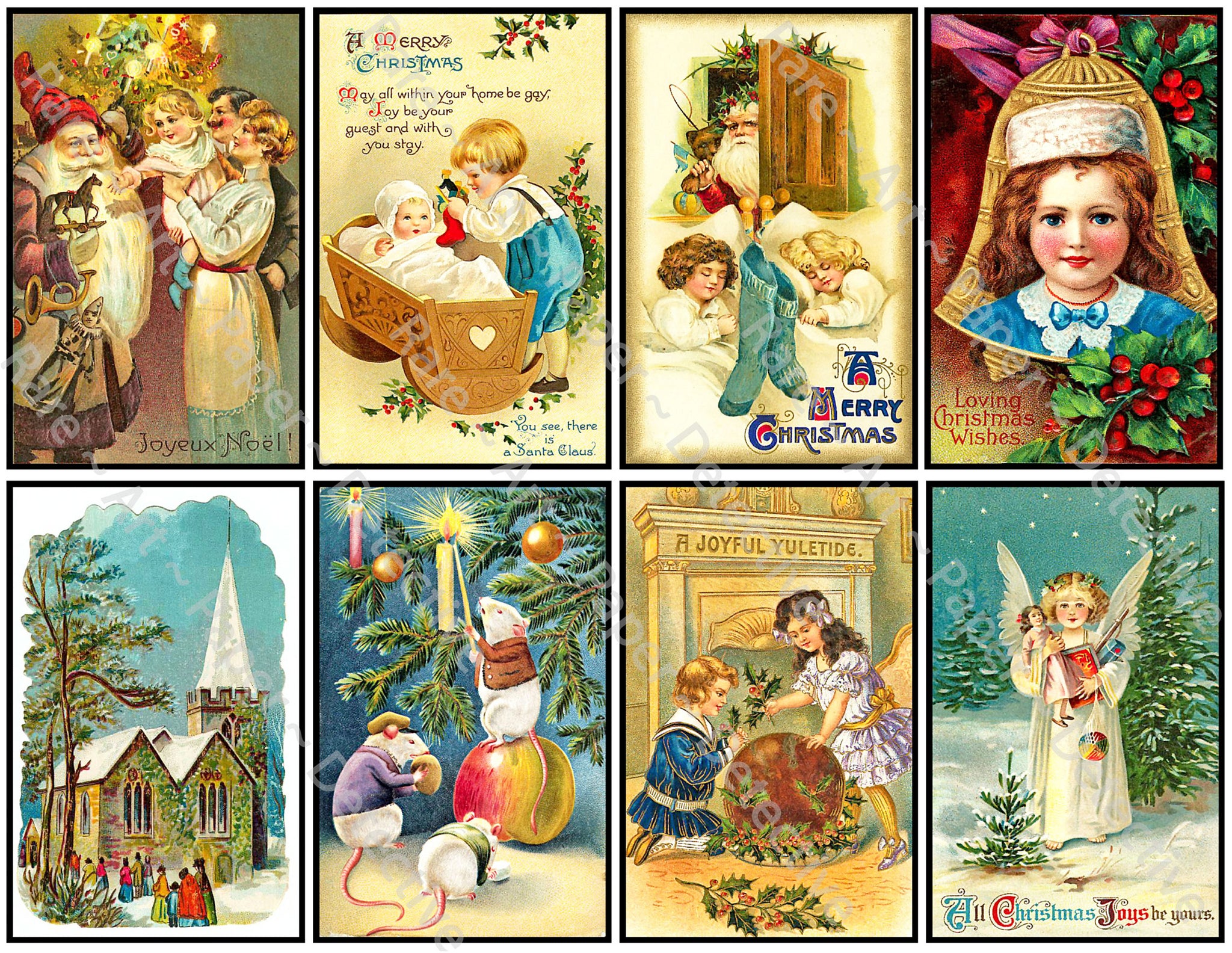 Christmas Stickers Deluxe Set of 8 Old Fashioned Postcard 