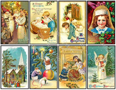 Christmas Postcard Stickers, 8 Pcs. Deluxe Set of Old Fashioned Journal Images, 4" x 2.5" each, 967