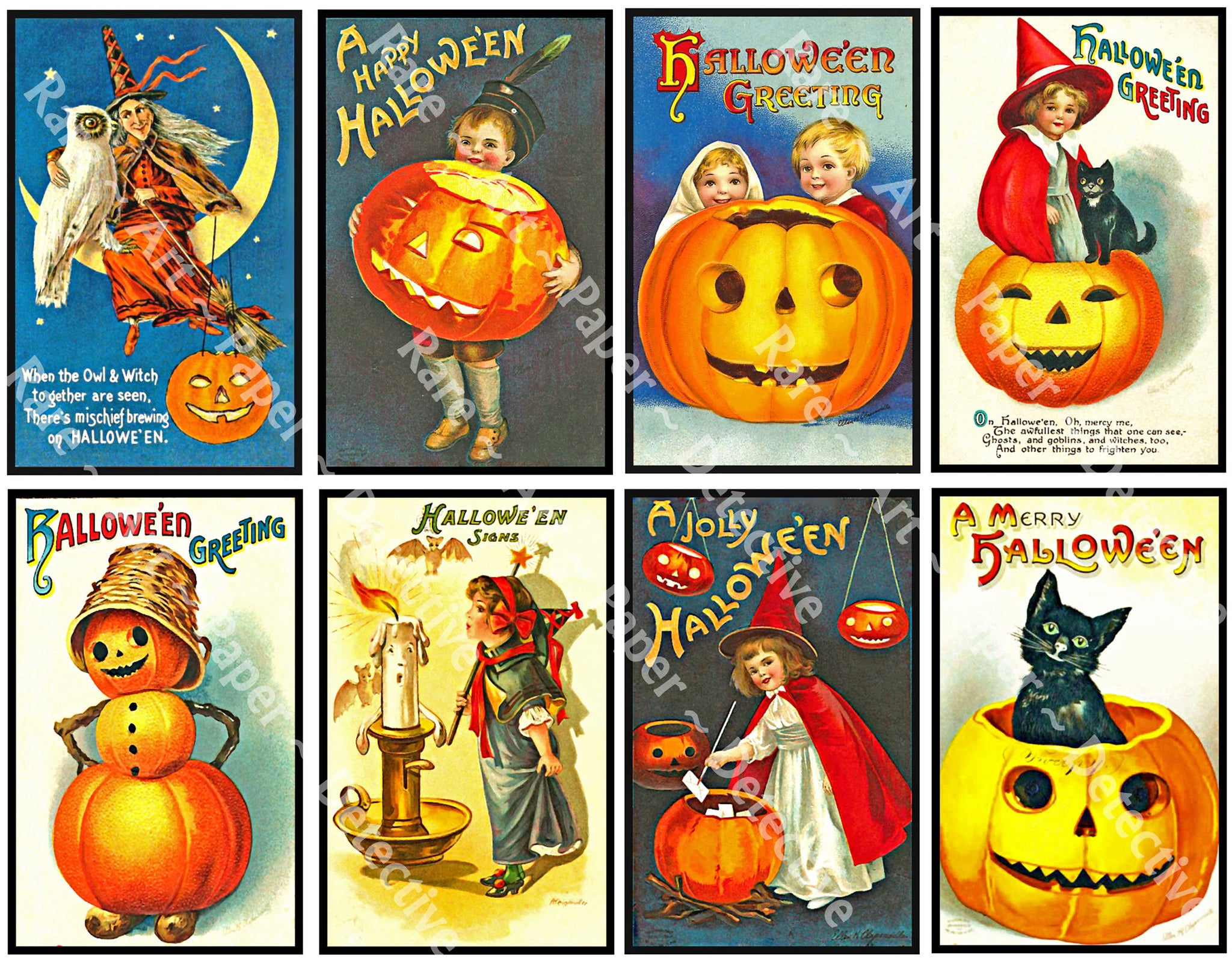 Halloween Clip Art Stickers, Victorian Halloween Postcard Images & Spooky Illustrations, Black Cats & Pumpkins, Halloween Party Novelty