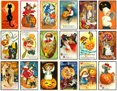 18 Halloween Clip Art Stickers, Mini Victorian Halloween Postcard Images & Spooky Illustrations, Black Cats & Pumpkins, Halloween Party Novelty