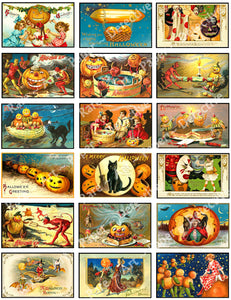 Halloween Clip Art Stickers, Mini Victorian Halloween Postcard Images & Spooky Illustrations, Black Cats & Pumpkins, Halloween Party Novelty