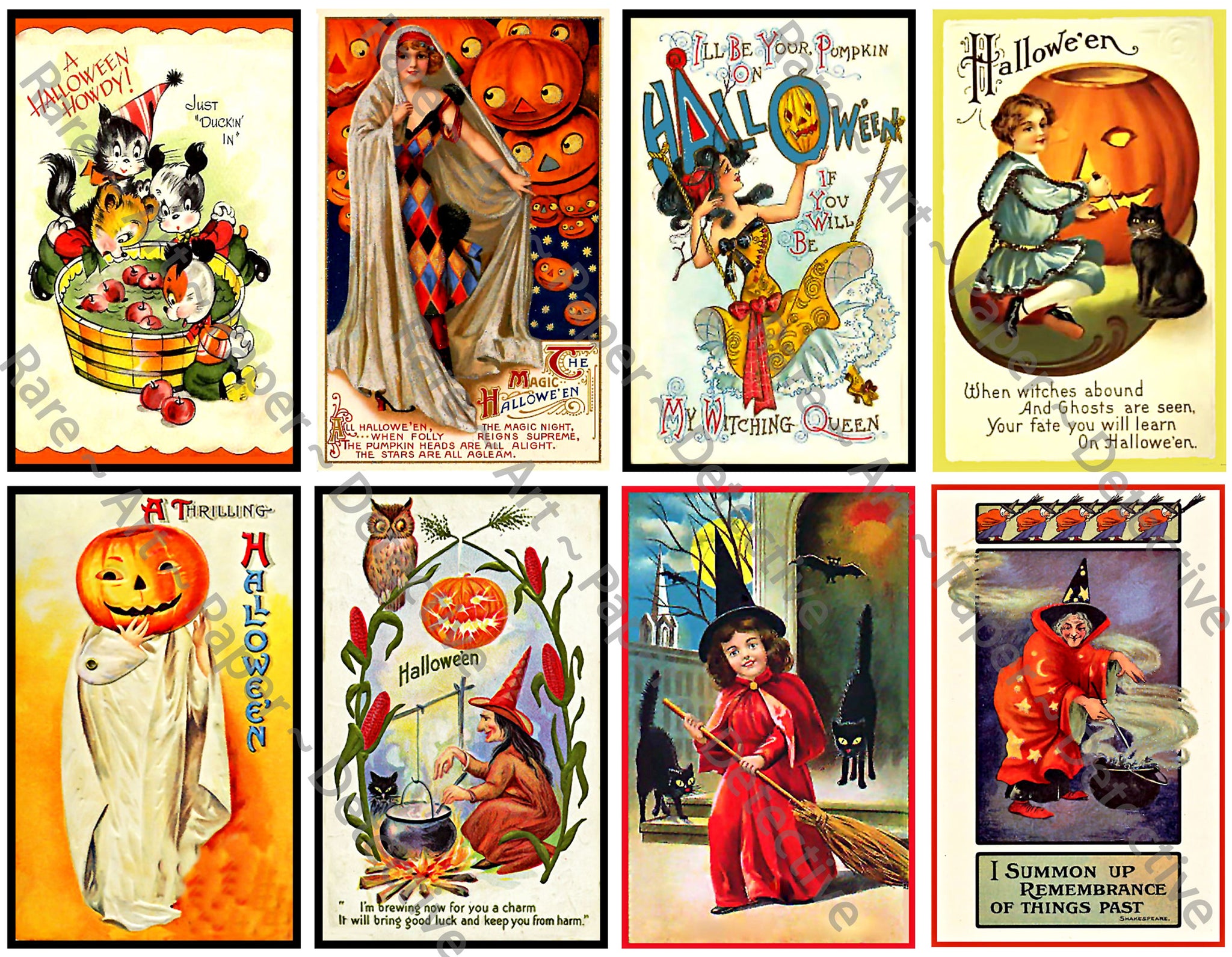 Halloween Clip Art Stickers, Victorian Halloween Postcard Images & Spooky Illustrations, Black Cats & Pumpkins, Halloween Party Novelty