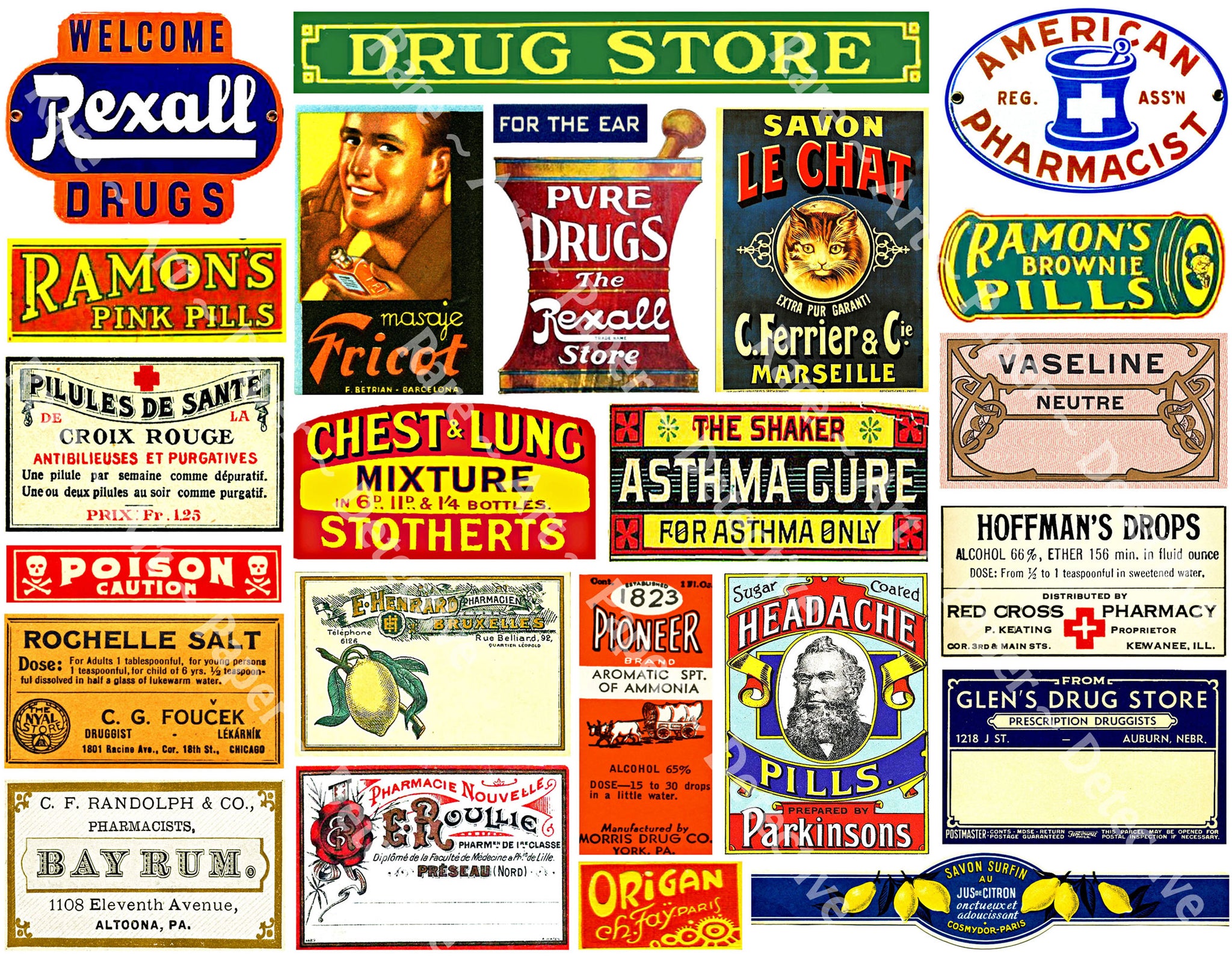 Apothecary Chest Label Stickers, 24 Bathroom Medicine Cabinet Labels, Pharmacy & Druggist Decal Set #983