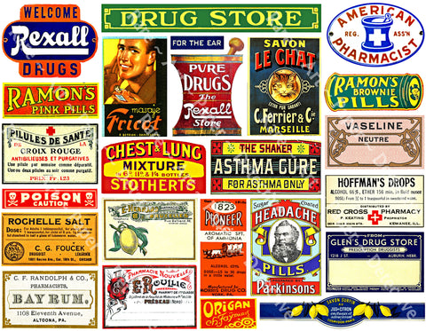 Apothecary Chest Label Stickers, 24 Bathroom Medicine Cabinet Labels, Pharmacy & Druggist Decal Set #983