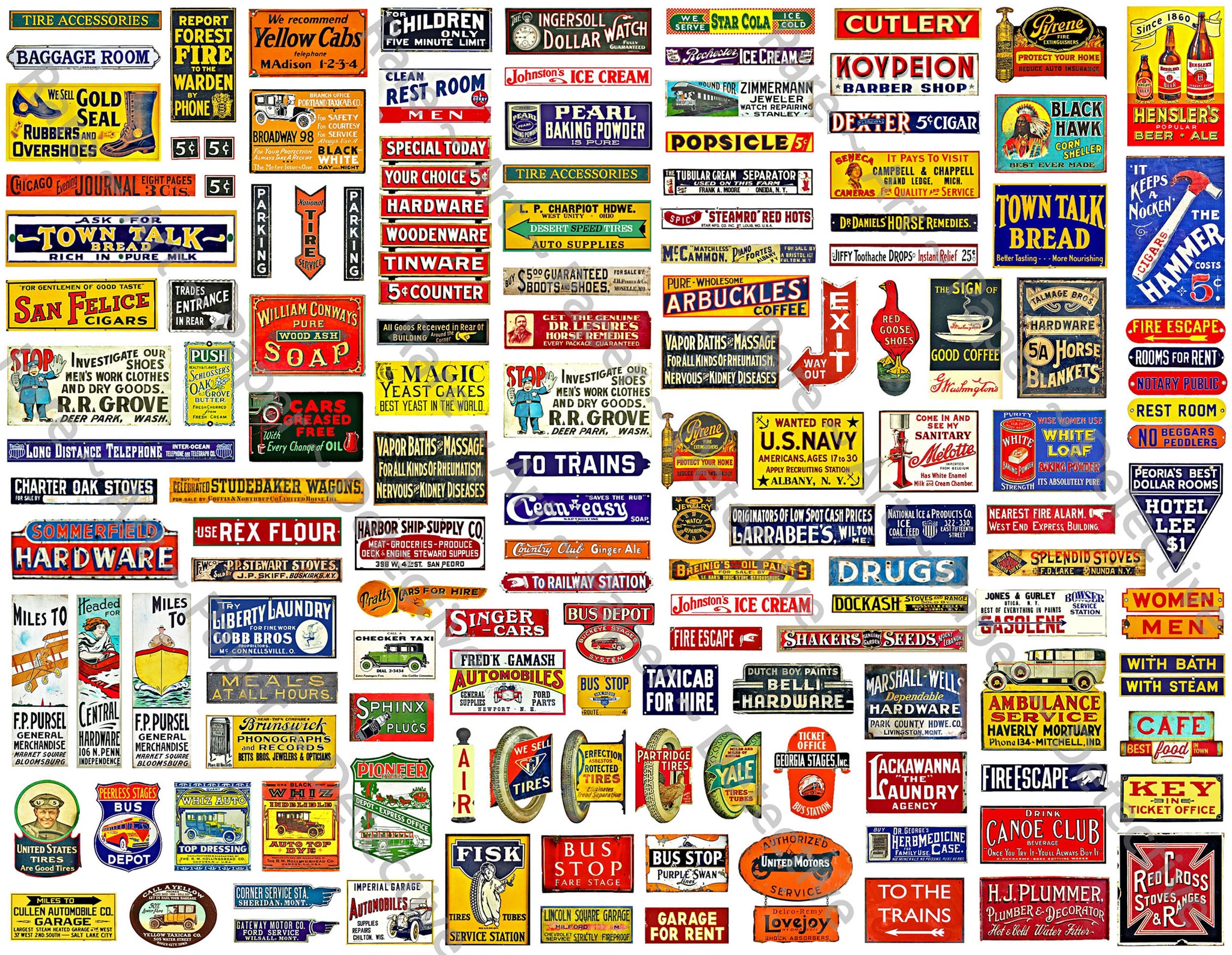 H-O Scale Miniature Sign Stickers for Model Railroads, 150+ Pcs. Set, Vintage Advertising Illustrations, 8.5" x 11" Sheet, #796
