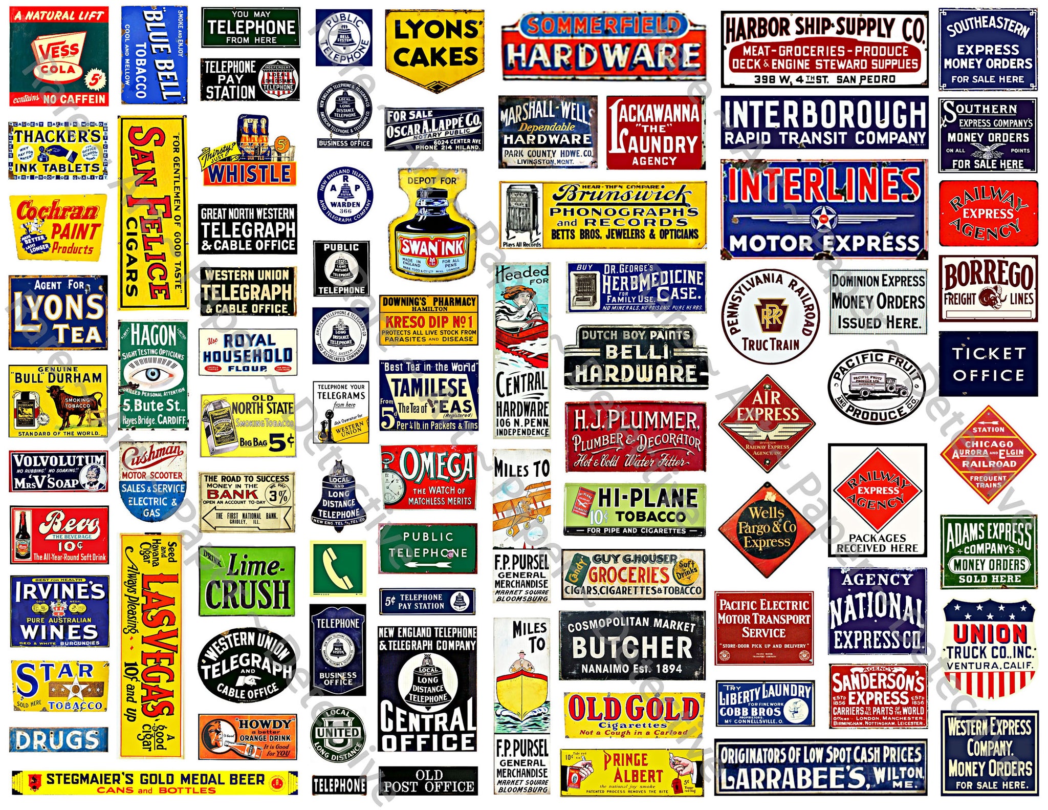Model Train & Doll House Miniature Sign Stickers, 86 Pcs. Set, Railroad Sign Illustrations, 8.5" x 11" Sheet, #997