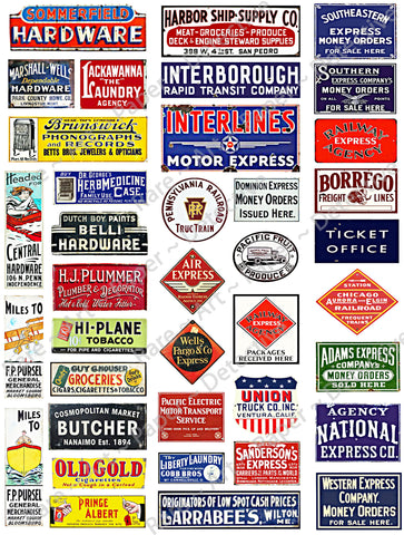 G Scale Model Train & Doll House Miniature Sign Stickers, 38 Pcs. Set, O Gauge Railroad Sign Illustrations, 8.5" x 11" Sheet, #998