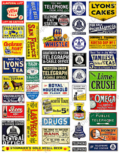 G Scale Model Train & Doll House Miniature Sign Stickers, 42 Pcs. Set, O Gauge Railroad Sign Illustrations, 8.5" x 11" Sheet, #999