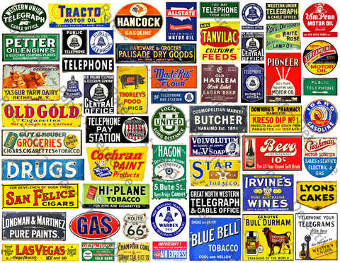 Dollhouse & Model Railroad Miniature Sign Stickers, 56 Pcs. Set, Rusty Metal Sign Illustrations, 8.5" x 11" Sheet, #501