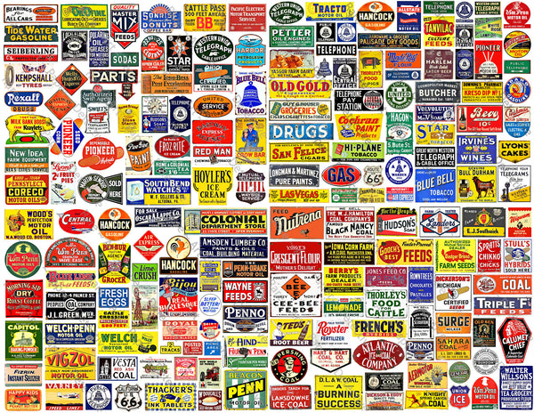 HUGE SET of Dollhouse Miniature Sign Stickers, 200+ Pcs. Set, Model Railroad Sign Illustrations, 4 Sheets, 8.5" x 11" each, Pack 10