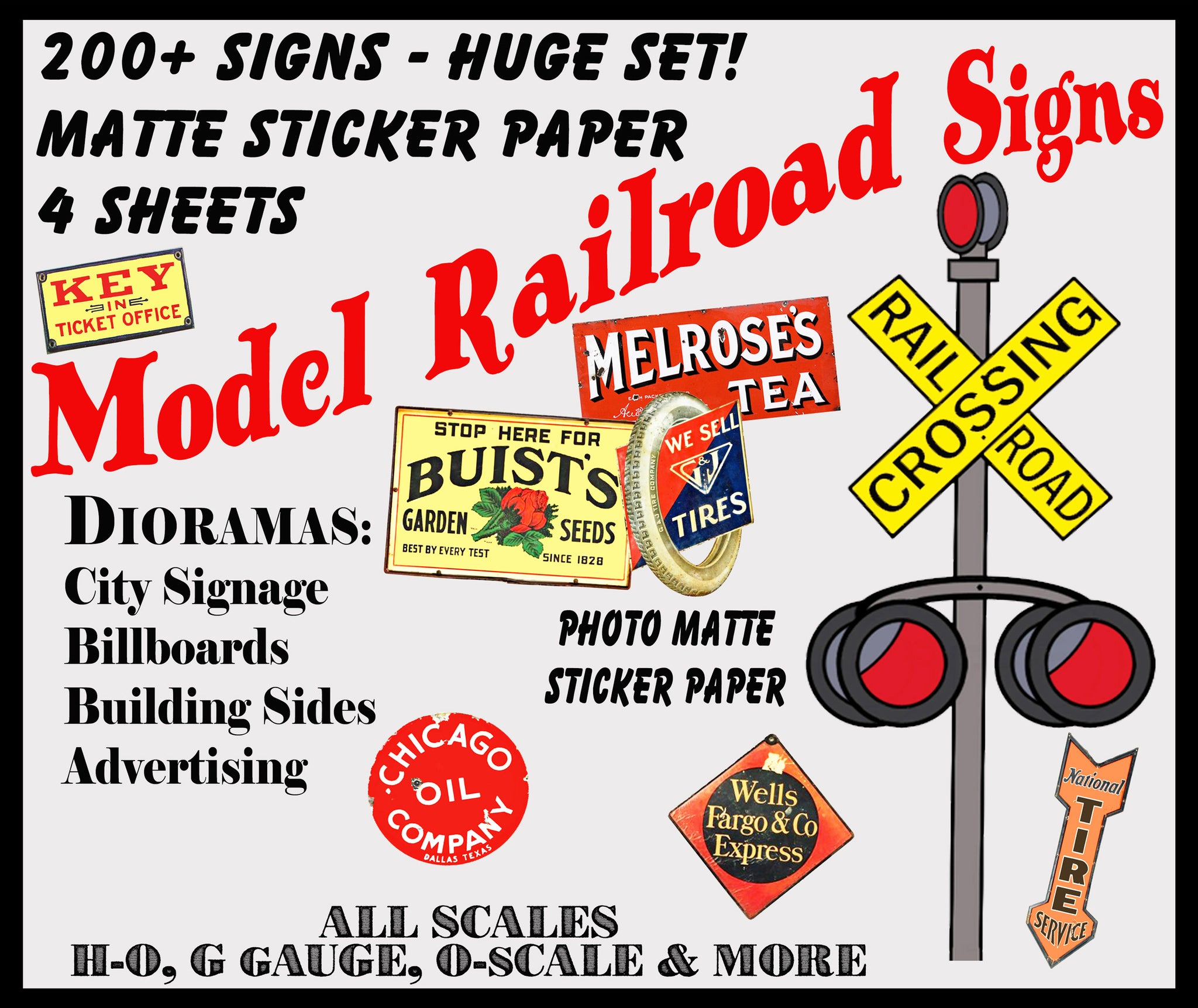 HUGE SET of Model Train & Dollhouse Miniature Sign Stickers, 200+ Pcs. Set, Railroad Sign Illustrations, 4 Sheets, 8.5" x 11" each, Pack 10