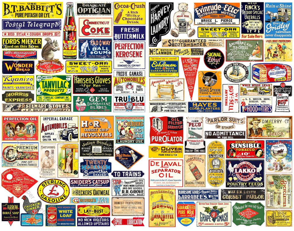 Advertising Sign Sticker HUGE SET of Vintage Advertising Sign Stickers for Model Train & Dollho ...