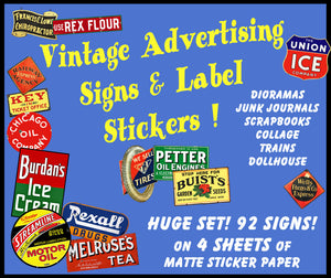 HUGE SET of Vintage Advertising Sign Stickers for Model Train & Dollhouse Miniatures, 92 Pcs. Set, 4 Sheets, 8.5" x 11" each, Pack 26