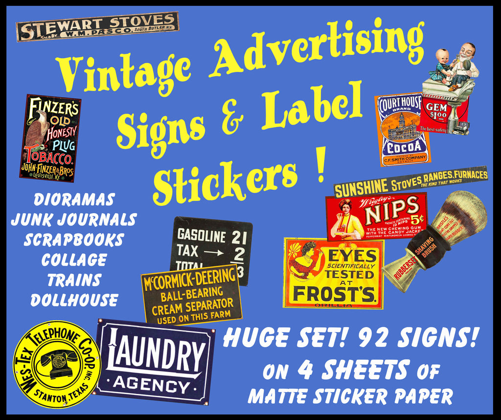 Advertising Sign Sticker MEGA SET of Vintage Advertising Sign Stickers for Model Train & Dollho ...