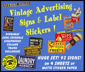 MEGA SET of Vintage Advertising Sign Stickers for Model Train & Dollhouse Miniatures, 92 Pcs. Set, 4 Sheets, 8.5" x 11" each, Pack 27