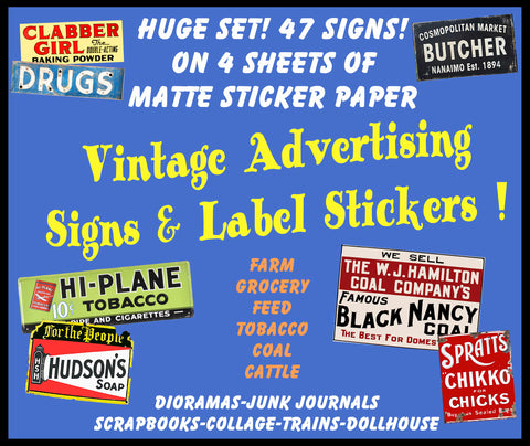 SUPER SIZE SET of Vintage Advertising Sign Stickers for Model Train & Dollhouse Miniatures, 47 Pcs. Set, 4 Sheets, 8.5" x 11" each, Pack 28