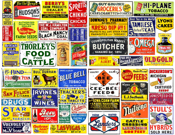 SUPER SIZE SET of Vintage Advertising Sign Stickers for Model Train & Dollhouse Miniatures, 47 Pcs. Set, 4 Sheets, 8.5" x 11" each, Pack 28