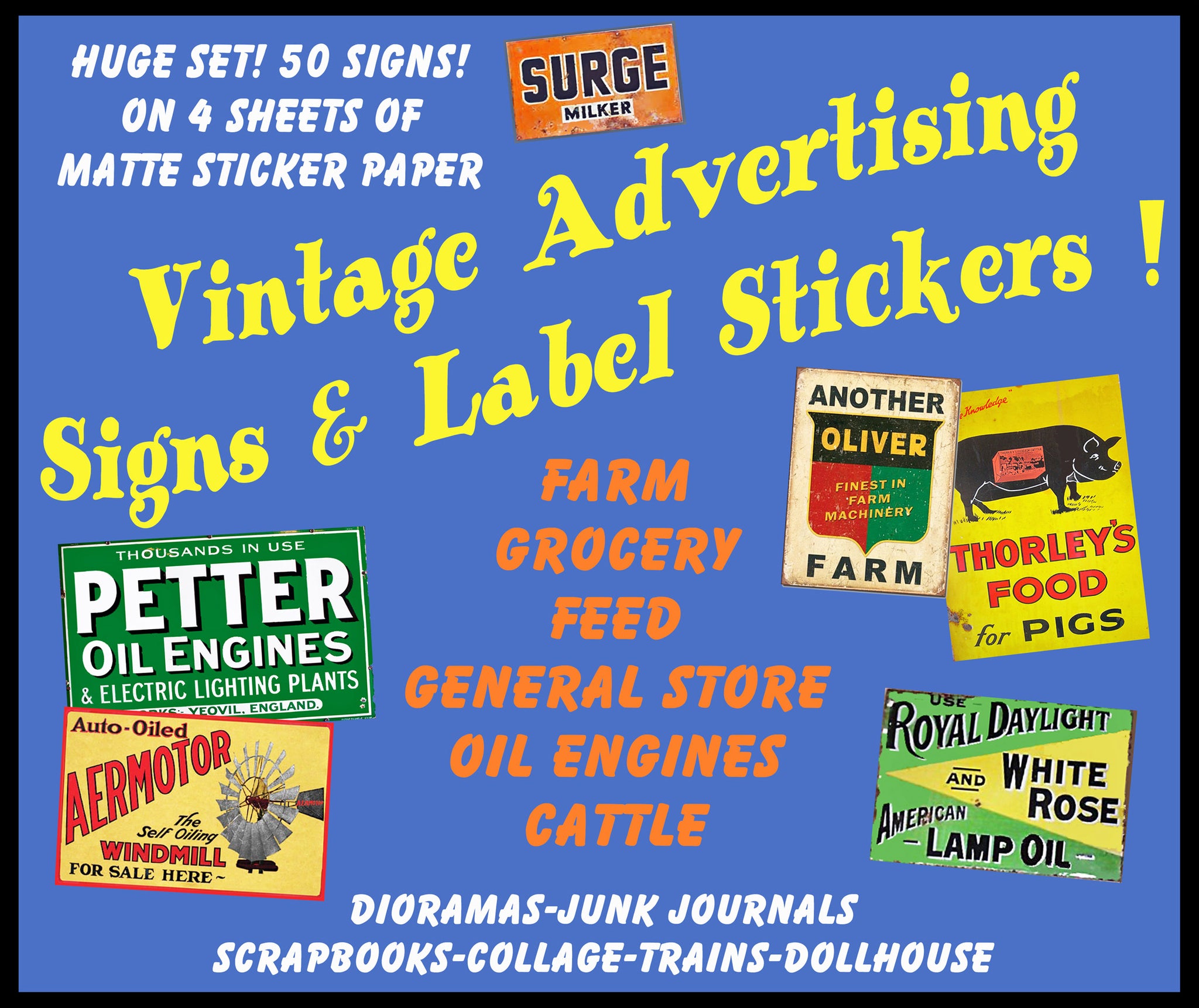 HUGE SET of Vintage Advertising Sign Stickers for Model Train & Dollhouse Miniatures, 50 Pcs. Set, 4 Sheets, 8.5" x 11" each, Pack 29