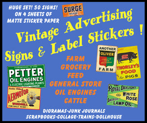 HUGE SET of Vintage Advertising Sign Stickers for Model Train & Dollhouse Miniatures, 50 Pcs. Set, 4 Sheets, 8.5" x 11" each, Pack 29