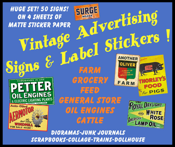 HUGE SET of Vintage Advertising Sign Stickers for Model Train & Dollhouse Miniatures, 50 Pcs. Set, 4 Sheets, 8.5" x 11" each, Pack 29