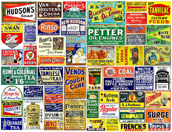 HUGE SET of Vintage Advertising Sign Stickers for Model Train & Dollhouse Miniatures, 50 Pcs. Set, 4 Sheets, 8.5" x 11" each, Pack 29