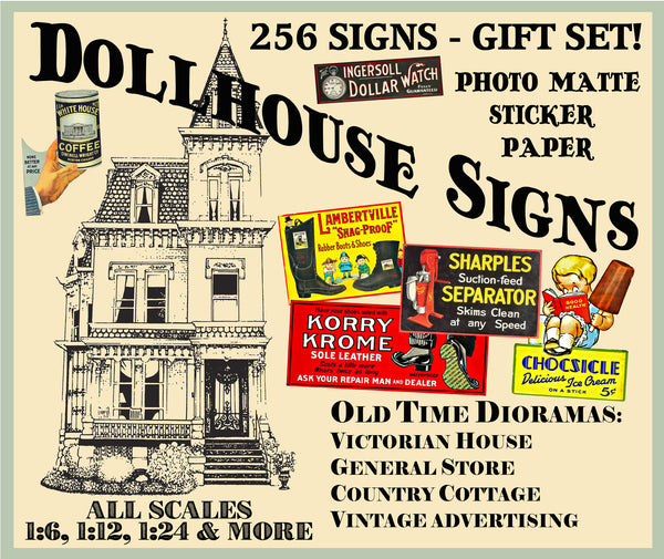 HUGE SET of Dollhouse & Model Railroad Miniature Sign Stickers, 256 Pcs. Set, Diorama Sign Illustrations, 4 Sheets, 8.5" x 11" each, Pack 9