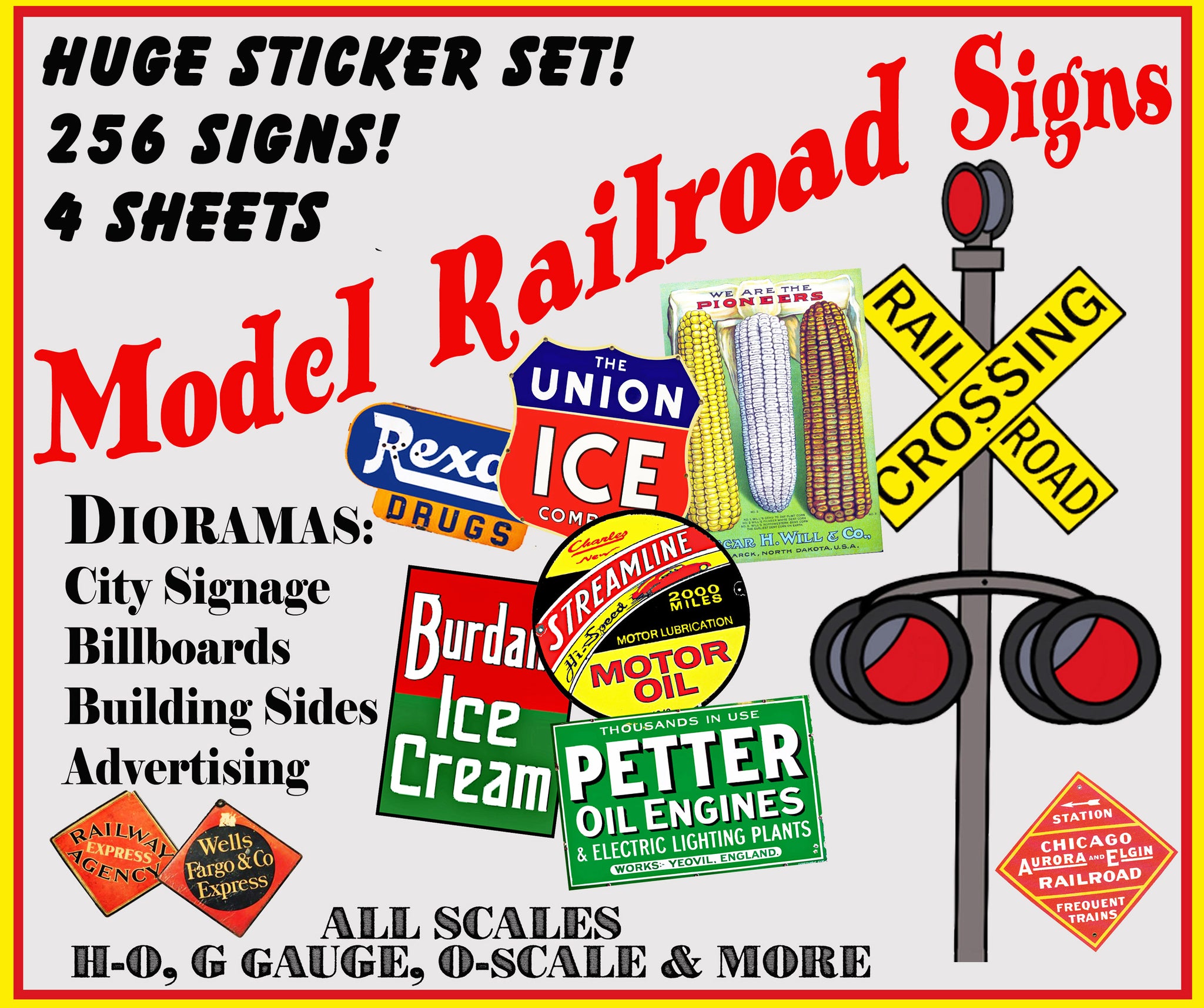 HUGE SET of Model Train & Doll House Miniature Sign Stickers, 256 Pcs. Set, Railroad Sign Illustrations, 4 Sheets, 8.5" x 11" each, Pack 9