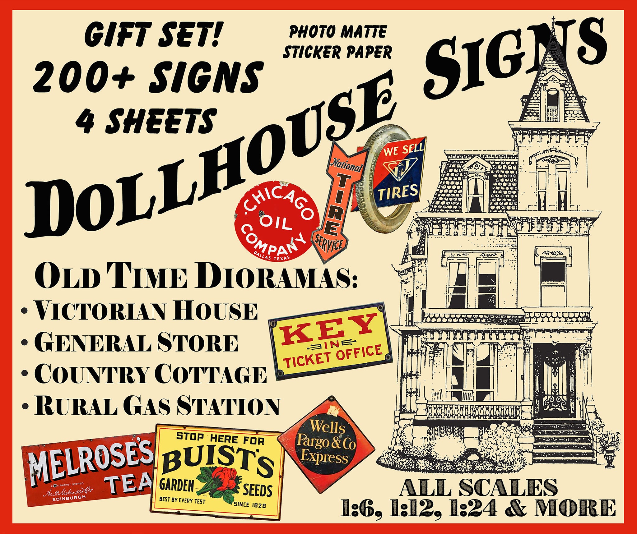 HUGE SET of Dollhouse Miniature Sign Stickers, 200+ Pcs. Set, Model Railroad Sign Illustrations, 4 Sheets, 8.5" x 11" each, Pack 10