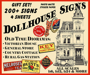 HUGE SET of Dollhouse Miniature Sign Stickers, 200+ Pcs. Set, Model Railroad Sign Illustrations, 4 Sheets, 8.5" x 11" each, Pack 10