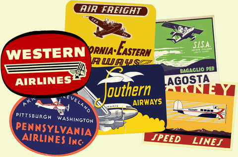 Airline Luggage Label 6 Pack, Travel Stickers from the Golden Age of Travel, 4" x 3" Decals for Suitcases, #S1
