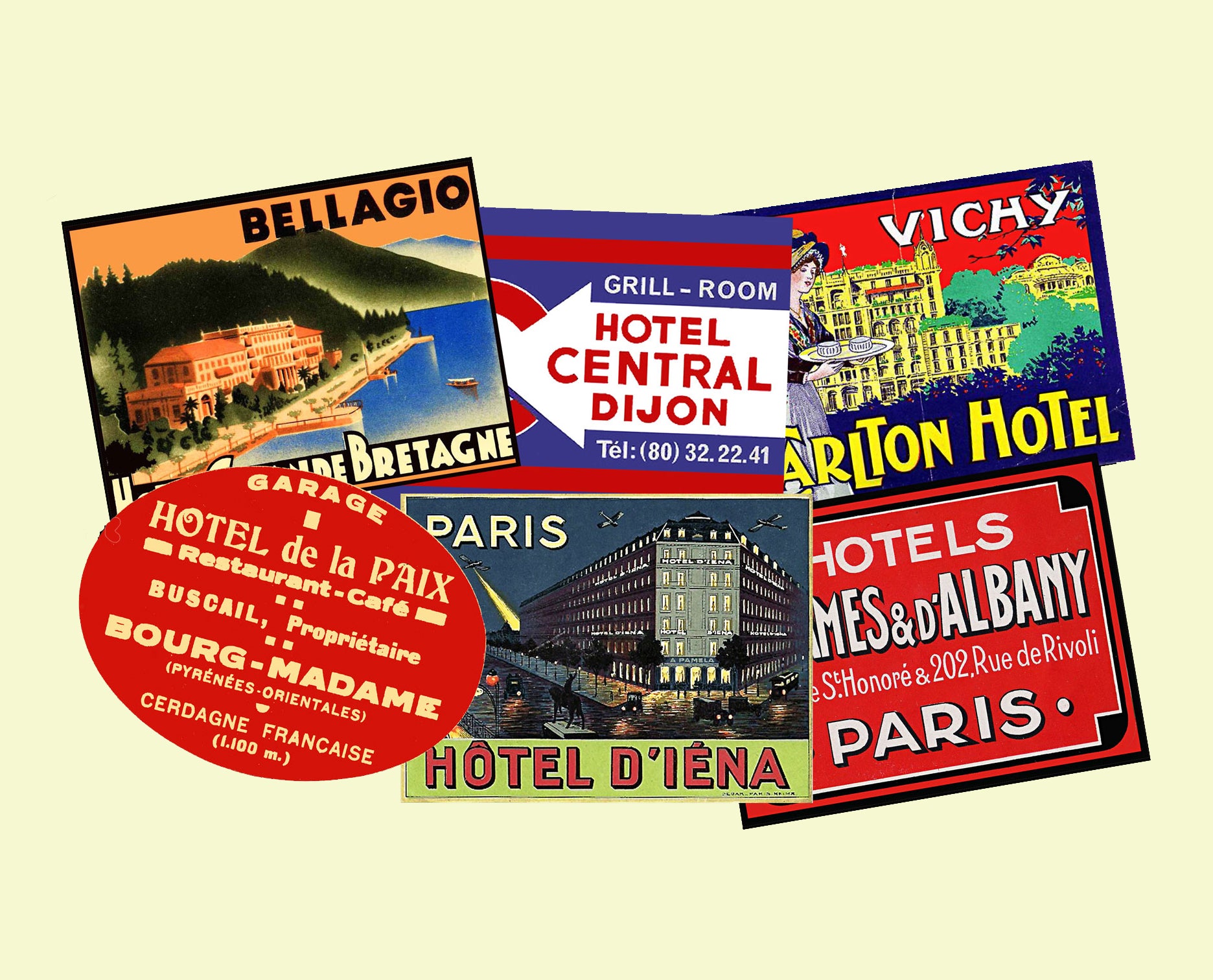 Hotel Luggage Label 6 Pack, Travel Stickers from the Golden Age of Travel, 4" x 3" Decals for Suitcases, #S2